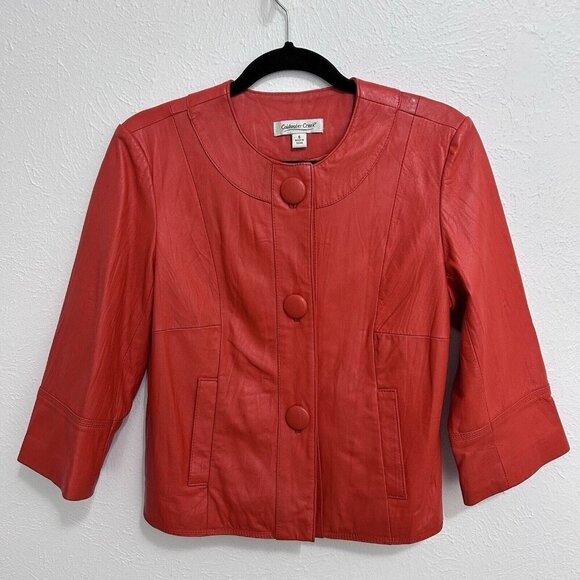 Coldwater Creek Leather Jacket Blazer Burnt Orange  Button Size 6 Classic Career - Picture 1 of 11